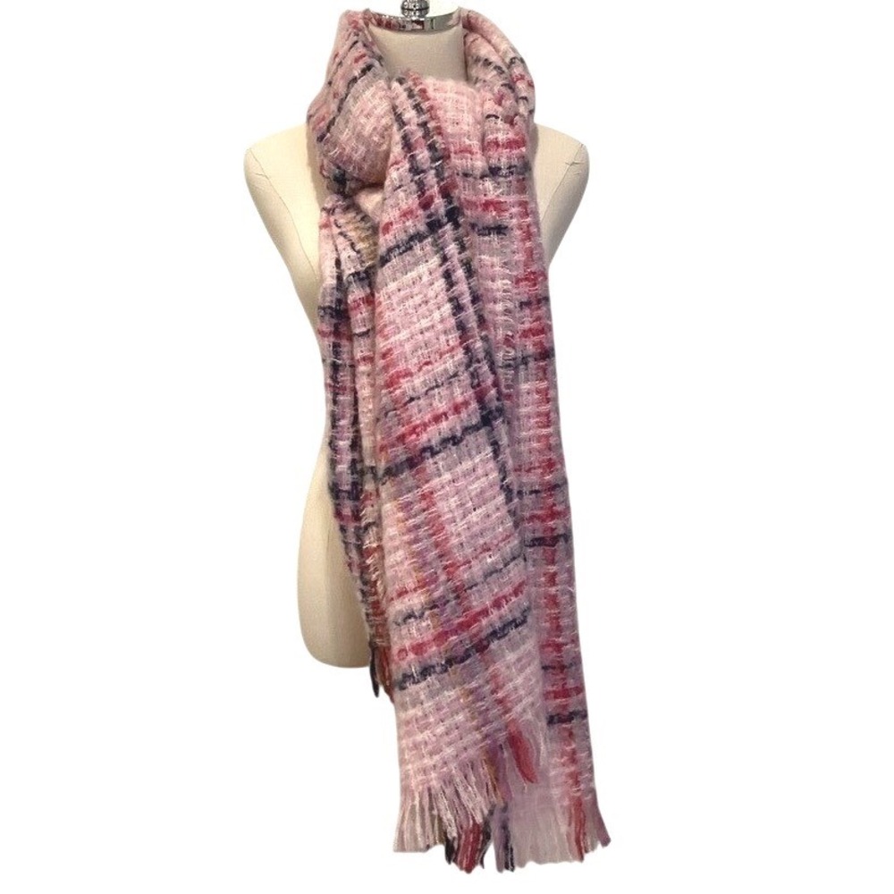 Pink Plaid Oversized Blanket Scarf Fringe Soft Mohair - 26 x 86